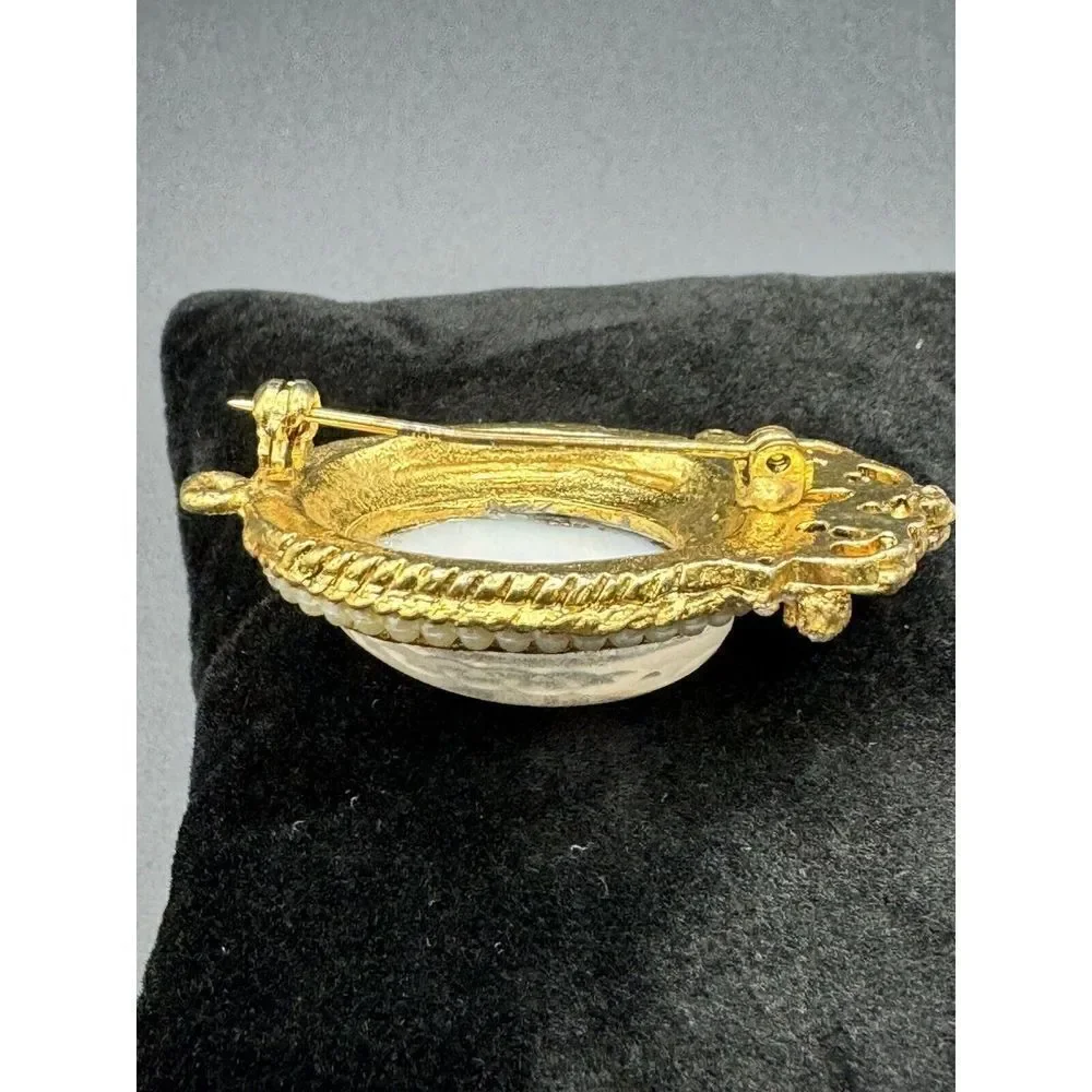 Vintage Gold Tone Brooch Rhinestone Faux Seed Pearl White Glass Cabochon Pendant